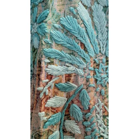 Dolma Silk Hand Embroidered Henley Tunic Teal Turquoise Green Floral Medium O - Picture 5 of 10